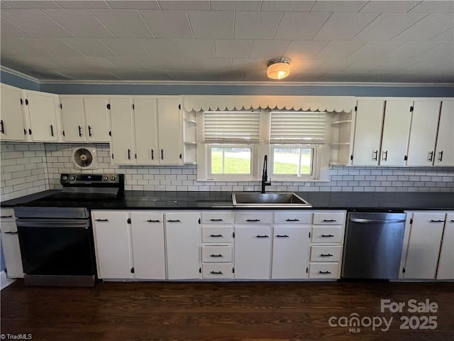 820 Suncrest Orchard Rd, North Wilkesboro, NC 28659 - kitchen with open shelves, appliances with stainless steel finishes, dark countertops, white cabinets, and backsplash