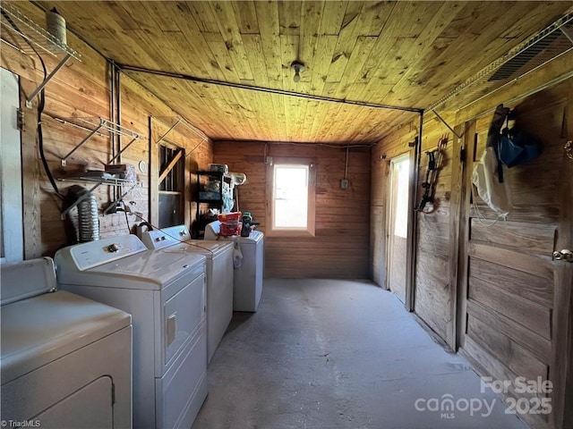 820 Suncrest Orchard Rd, North Wilkesboro, NC 28659 - laundry room featuring separate washer and dryer, wood ceiling, and wooden walls