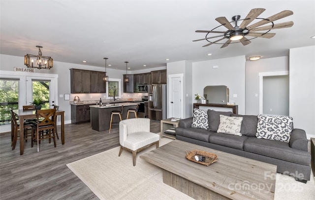 11 S Pine Dr, Weaverville, NC 28787 - living area with wood finished floors, a chandelier, a ceiling fan, and recessed lighting