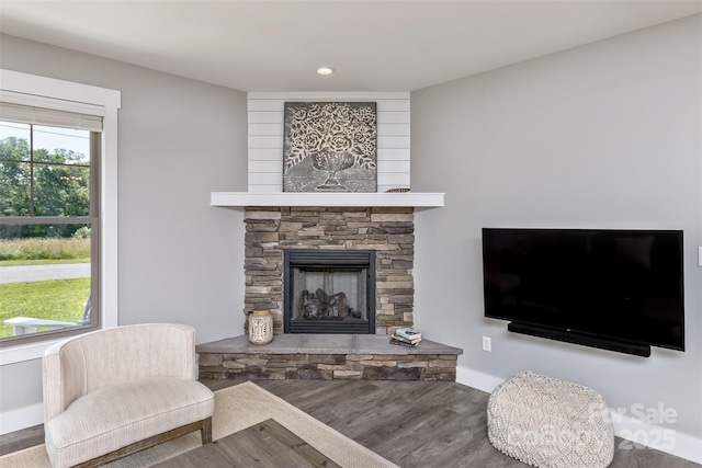 11 S Pine Dr, Weaverville, NC 28787 - living room with wood finished floors, a stone fireplace, and recessed lighting