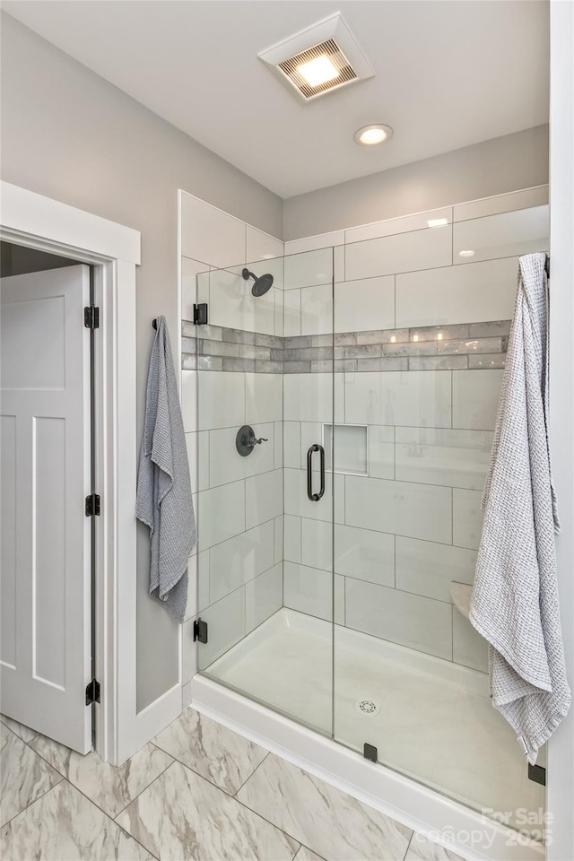 11 S Pine Dr, Weaverville, NC 28787 - full bathroom with a shower stall, marble look tile flooring, and recessed lighting