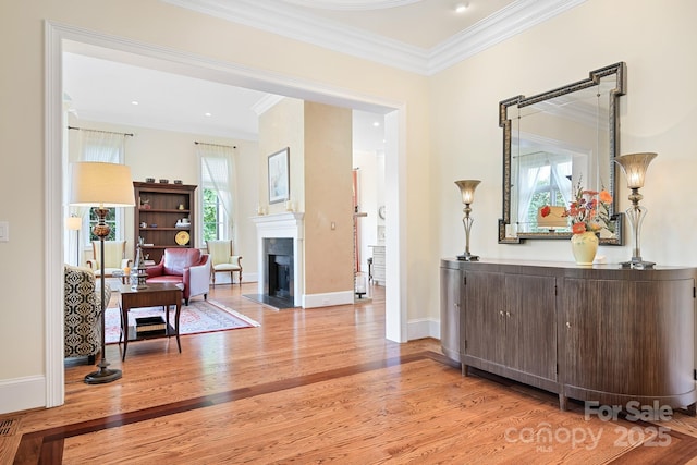114 Thurstons Way, Mooresville, NC 28117 - entryway with light wood finished floors, ornamental molding, and a premium fireplace