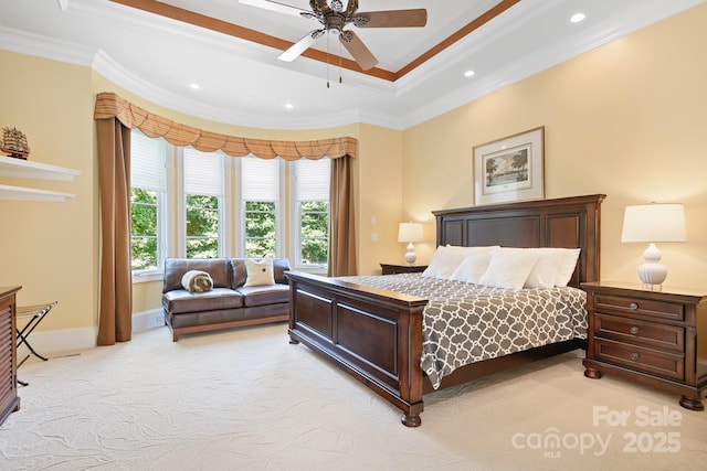 114 Thurstons Way, Mooresville, NC 28117 - bedroom featuring light carpet, crown molding, recessed lighting, a raised ceiling, and a ceiling fan