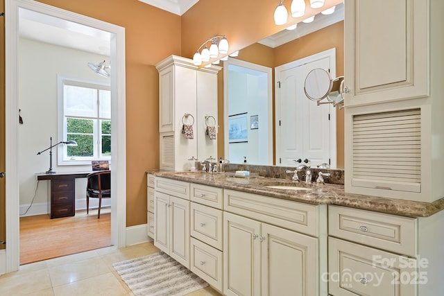 114 Thurstons Way, Mooresville, NC 28117 - full bathroom featuring double vanity, tile patterned floors, and ornamental molding