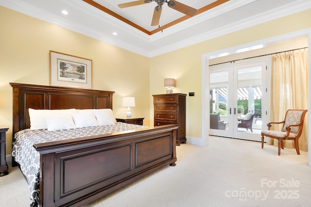 114 Thurstons Way, Mooresville, NC 28117 - bedroom featuring french doors, ornamental molding, access to outside, light colored carpet, and a raised ceiling