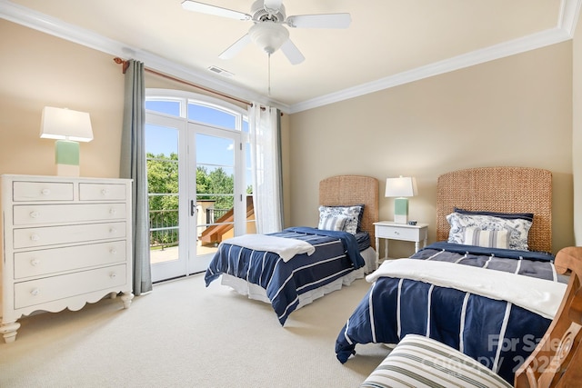114 Thurstons Way, Mooresville, NC 28117 - bedroom featuring ornamental molding, access to exterior, carpet floors, and a ceiling fan