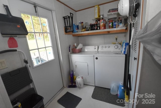 4854 Elk Ct, Morganton, NC 28655 - laundry area with washer and dryer, tile patterned floors, and ornamental molding