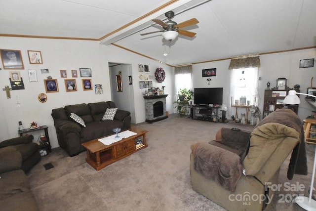 4854 Elk Ct, Morganton, NC 28655 - living room with carpet flooring, a ceiling fan, crown molding, and a fireplace