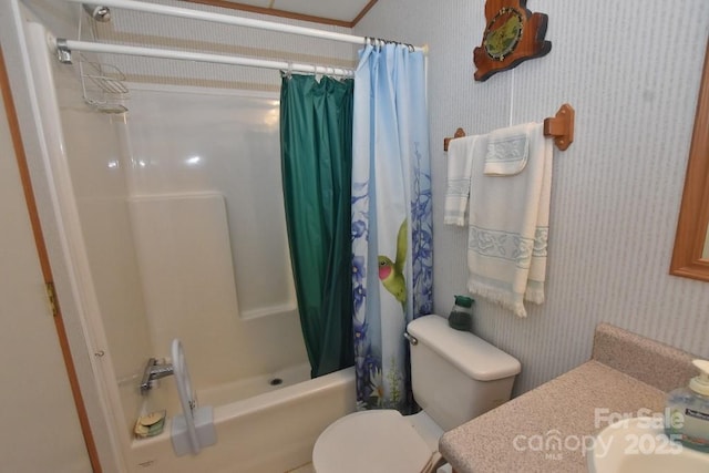 4854 Elk Ct, Morganton, NC 28655 - full bathroom featuring shower / bath combo, vanity, and wallpapered walls