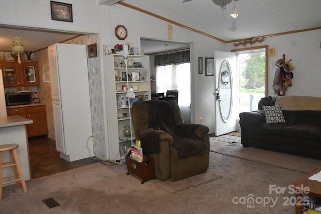 4854 Elk Ct, Morganton, NC 28655 - living room with lofted ceiling, ornamental molding, and carpet flooring