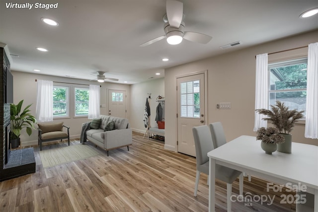 835 Vine Arden Rd, Morganton, NC 28655 - living room featuring a ceiling fan, light wood-type flooring, and recessed lighting