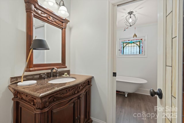 747 9th St NW, Hickory, NC 28601 - bathroom featuring a freestanding bath, vanity, wood finished floors, and ornamental molding