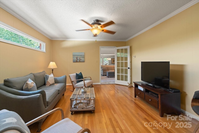 747 9th St NW, Hickory, NC 28601 - living area featuring healthy amount of natural light, a textured ceiling, crown molding, a ceiling fan, and light wood-style flooring