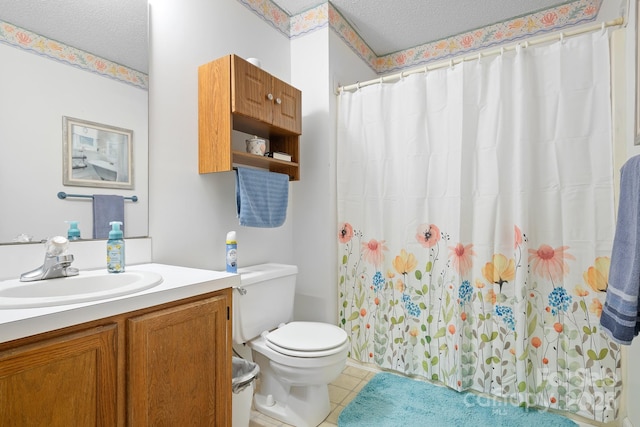 6601 Charlotte Hwy, York, SC 29745 - full bathroom featuring vanity, a textured ceiling, tile patterned floors, and a shower with curtain