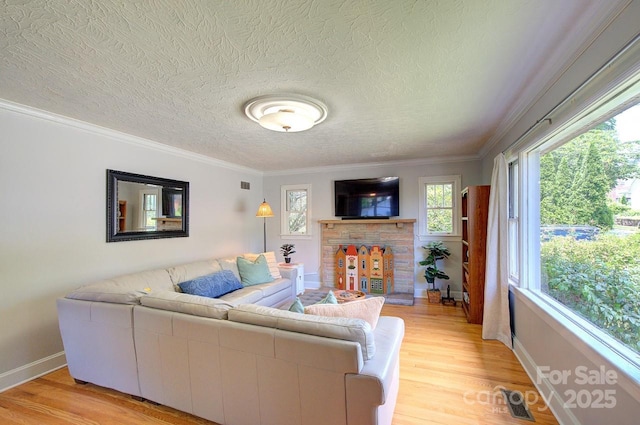 207 Buncombe St, Hendersonville, NC 28739 - living room featuring a textured ceiling, light wood finished floors, and crown molding