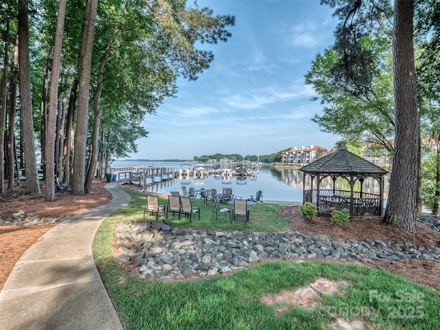 17709 Sedona Way, Cornelius, NC 28031 - dock area featuring a gazebo, a water view, and a yard