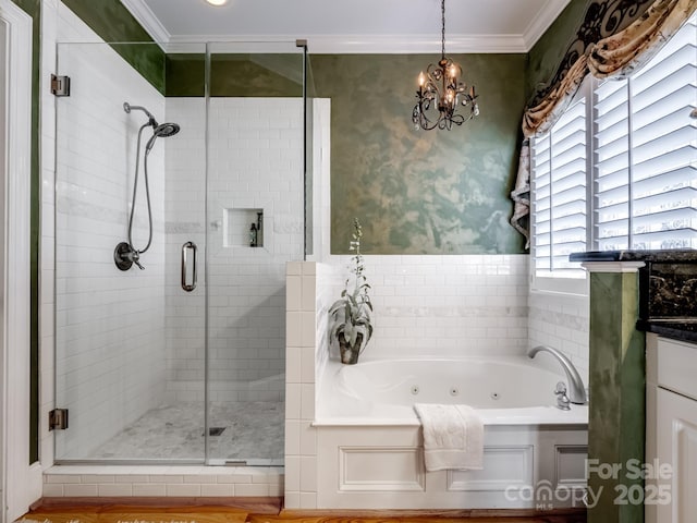 5572 Yorke St NW, Concord, NC 28027 - full bath with crown molding, a jetted tub, a stall shower, a chandelier, and vanity