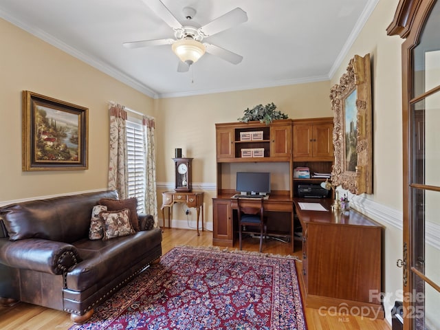 5572 Yorke St NW, Concord, NC 28027 - office featuring ceiling fan, ornamental molding, light wood-type flooring, and wainscoting