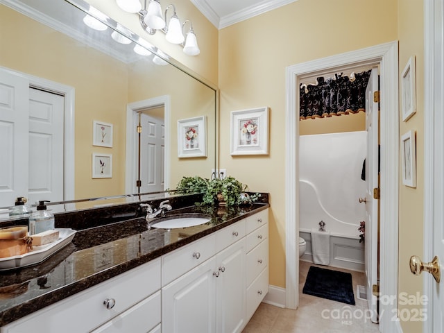 5572 Yorke St NW, Concord, NC 28027 - bathroom with vanity, crown molding, tile patterned floors, and washtub / shower combination