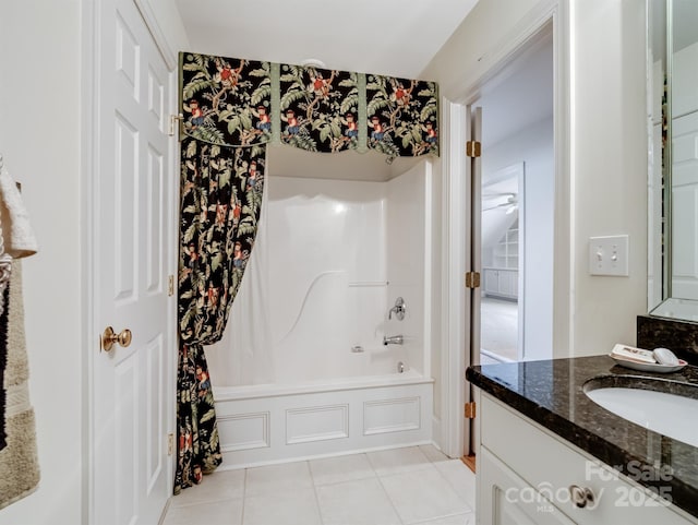 5572 Yorke St NW, Concord, NC 28027 - full bathroom featuring vanity, tile patterned flooring, shower / bathtub combination with curtain, and ceiling fan