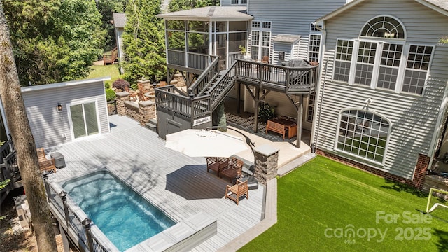 6800 Augustine Way, Charlotte, NC 28270 - rear view of property featuring a deck, a sunroom, a lawn, and outdoor dining space