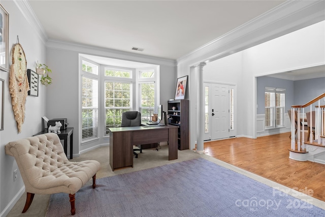 6800 Augustine Way, Charlotte, NC 28270 - home office with crown molding, healthy amount of natural light, ornate columns, and wood finished floors