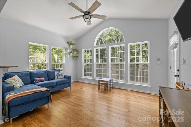 6800 Augustine Way, Charlotte, NC 28270 - living area featuring ceiling fan, light wood finished floors, and lofted ceiling