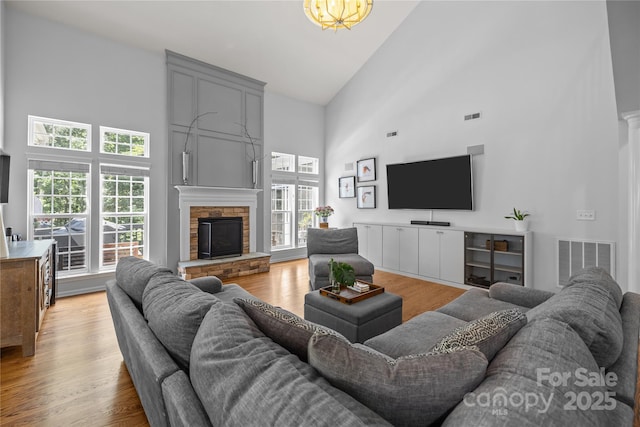 6800 Augustine Way, Charlotte, NC 28270 - living area with high vaulted ceiling, plenty of natural light, light wood-style flooring, and a stone fireplace