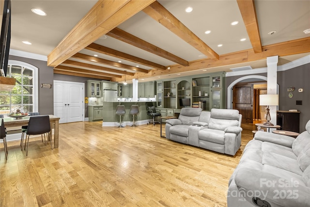 6800 Augustine Way, Charlotte, NC 28270 - living area featuring beam ceiling, light wood-type flooring, recessed lighting, and arched walkways