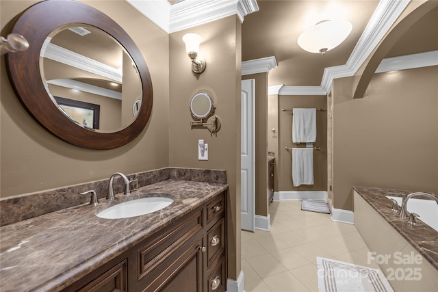 6800 Augustine Way, Charlotte, NC 28270 - bathroom featuring ornamental molding, vanity, a bath, and tile patterned flooring