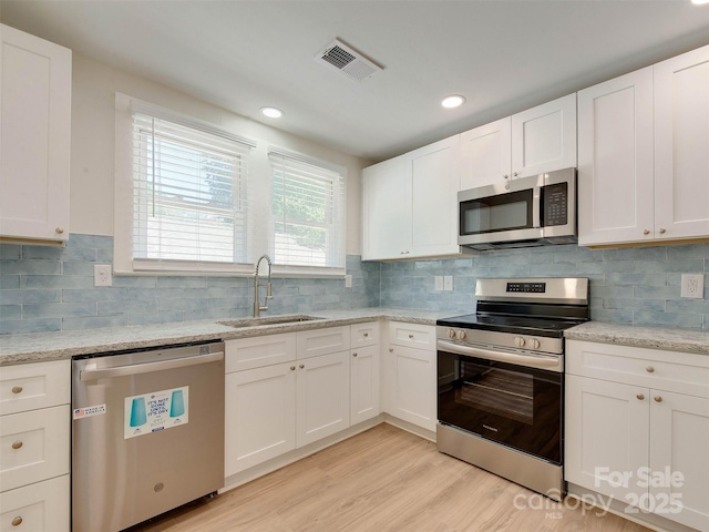 2414 Lane St, Kannapolis, NC 28083 - kitchen featuring stainless steel appliances, light wood finished floors, white cabinetry, decorative backsplash, and recessed lighting