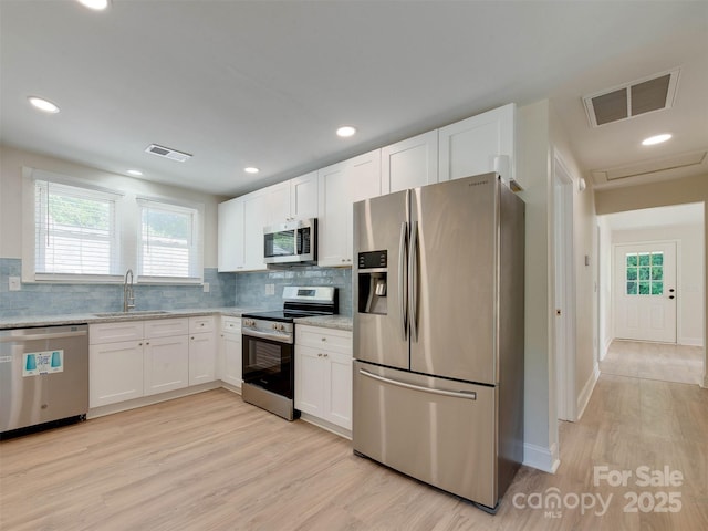 2414 Lane St, Kannapolis, NC 28083 - kitchen with stainless steel appliances, light wood-style flooring, white cabinets, backsplash, and recessed lighting