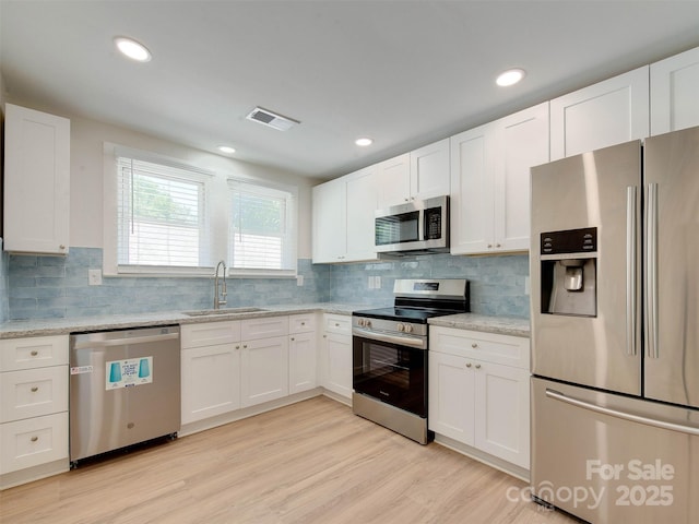 2414 Lane St, Kannapolis, NC 28083 - kitchen featuring appliances with stainless steel finishes, white cabinets, tasteful backsplash, and recessed lighting