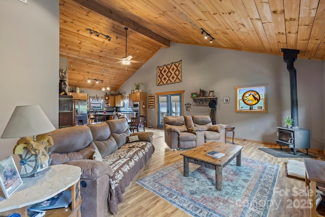 442 Blantyre Church Rd, Horse Shoe, NC 28742 - living room featuring wood ceiling, rail lighting, a wood stove, light wood-style floors, and ceiling fan