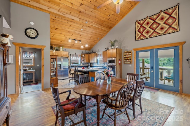 442 Blantyre Church Rd, Horse Shoe, NC 28742 - dining space with high vaulted ceiling, french doors, light wood-style flooring, wooden ceiling, and ceiling fan
