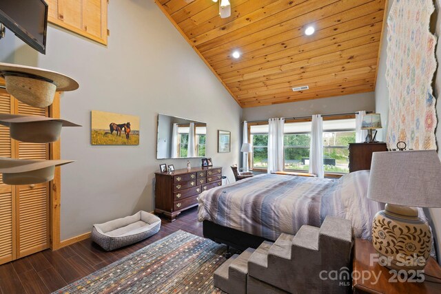 442 Blantyre Church Rd, Horse Shoe, NC 28742 - bedroom featuring high vaulted ceiling, wooden ceiling, wood finished floors, and recessed lighting