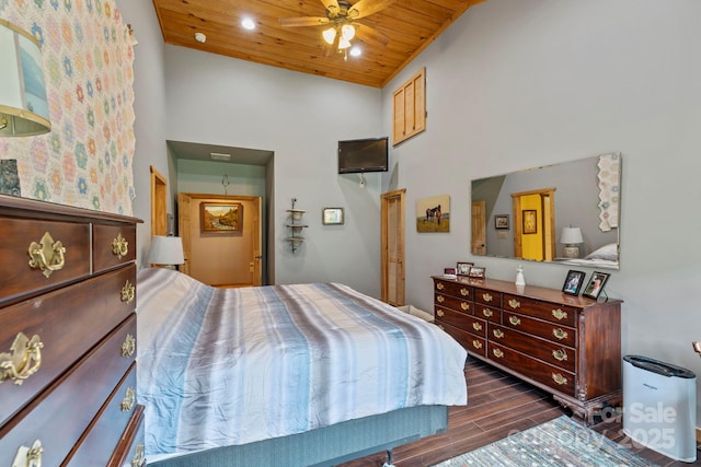 442 Blantyre Church Rd, Horse Shoe, NC 28742 - bedroom with dark wood-type flooring, high vaulted ceiling, a closet, and wood ceiling
