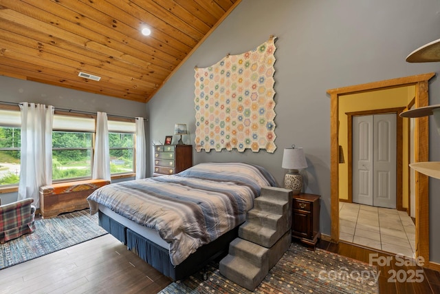442 Blantyre Church Rd, Horse Shoe, NC 28742 - bedroom with high vaulted ceiling, wood finished floors, and wood ceiling