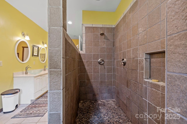 442 Blantyre Church Rd, Horse Shoe, NC 28742 - bathroom with tiled shower, vanity, and tile patterned floors