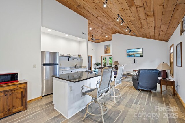 442 Blantyre Church Rd, Horse Shoe, NC 28742 - kitchen with freestanding refrigerator, wood ceiling, track lighting, light wood finished floors, and open floor plan