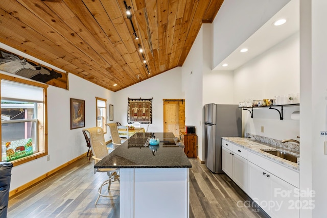 442 Blantyre Church Rd, Horse Shoe, NC 28742 - kitchen featuring wood finished floors, rail lighting, freestanding refrigerator, wooden ceiling, and a kitchen bar