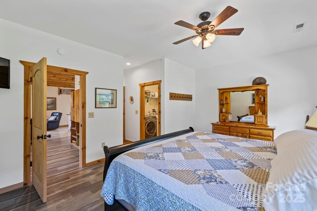 442 Blantyre Church Rd, Horse Shoe, NC 28742 - bedroom with washer / dryer, dark wood finished floors, recessed lighting, and ceiling fan