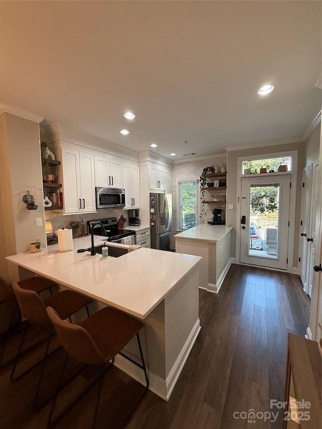 1013 Park W Dr Unit 5, Charlotte, NC 28209 - kitchen with open shelves, appliances with stainless steel finishes, a peninsula, ornamental molding, and light countertops