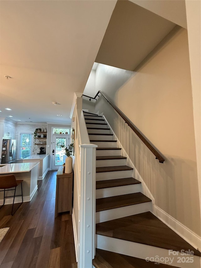 1013 Park W Dr Unit 5, Charlotte, NC 28209 - stairway featuring wood finished floors, recessed lighting, and a fireplace