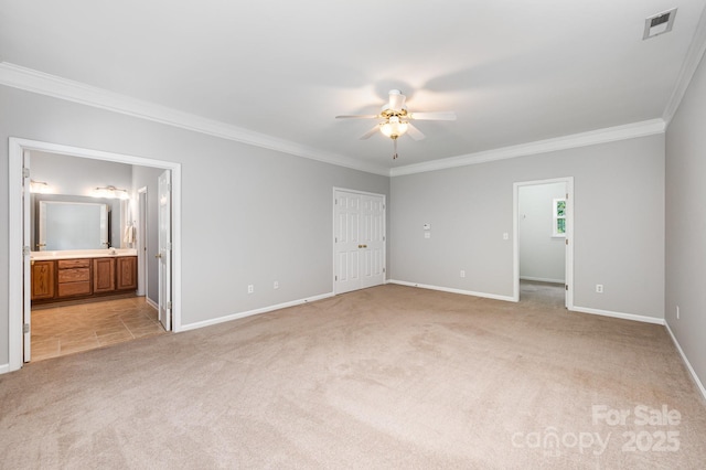 7731 Sedgebrook Dr E, Stanley, NC 28164 - unfurnished bedroom with light colored carpet, ornamental molding, ensuite bath, and a ceiling fan