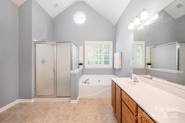 7731 Sedgebrook Dr E, Stanley, NC 28164 - bathroom featuring a bath, a shower stall, vanity, and high vaulted ceiling
