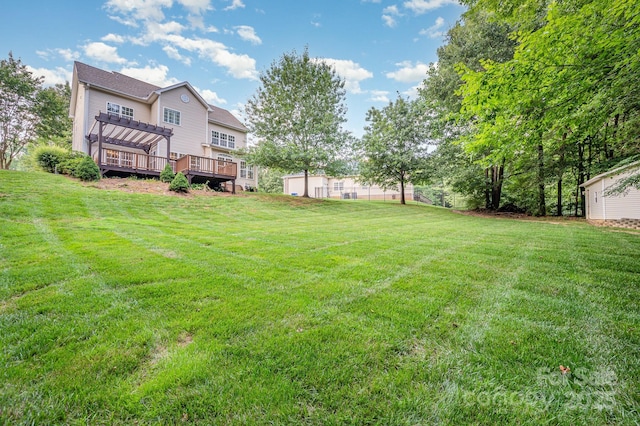 7731 Sedgebrook Dr E, Stanley, NC 28164 - view of green lawn featuring a wooden deck and a pergola