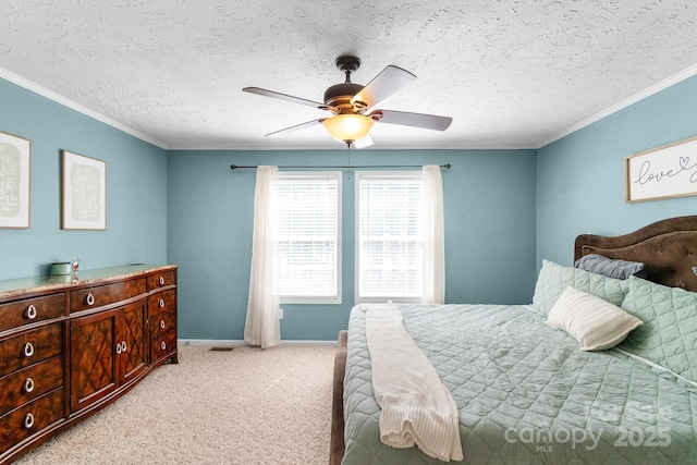 5701 Lockhart Rd, Kershaw, SC 29067 - bedroom with light carpet, ornamental molding, a textured ceiling, and a ceiling fan