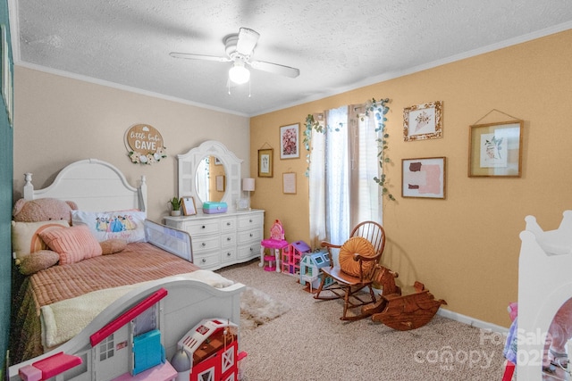 5701 Lockhart Rd, Kershaw, SC 29067 - bedroom featuring light colored carpet, a textured ceiling, ornamental molding, and a ceiling fan