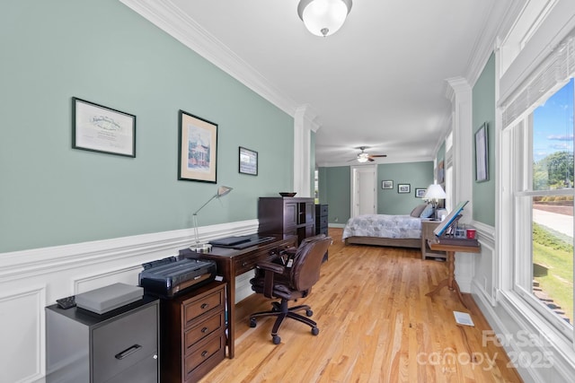 313 Sunset View Ct, York, SC 29745 - home office with crown molding, light wood finished floors, a ceiling fan, and wainscoting